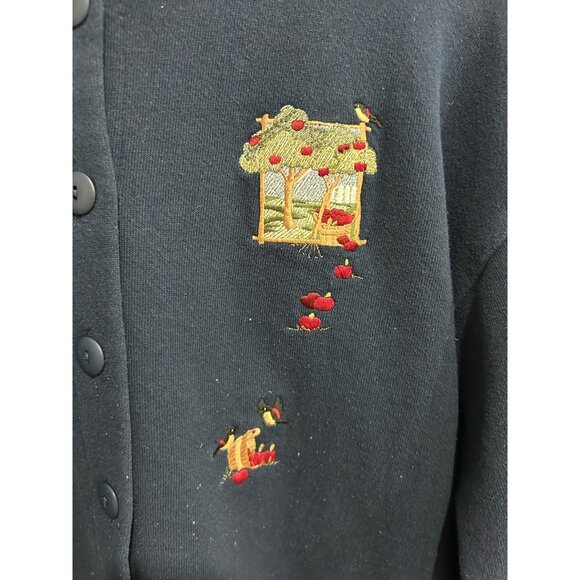 Vintage Top Stitch Navy Cardigan Sweater Embroidered Apple Orchard Sz M Grandma - Picture 4 of 10